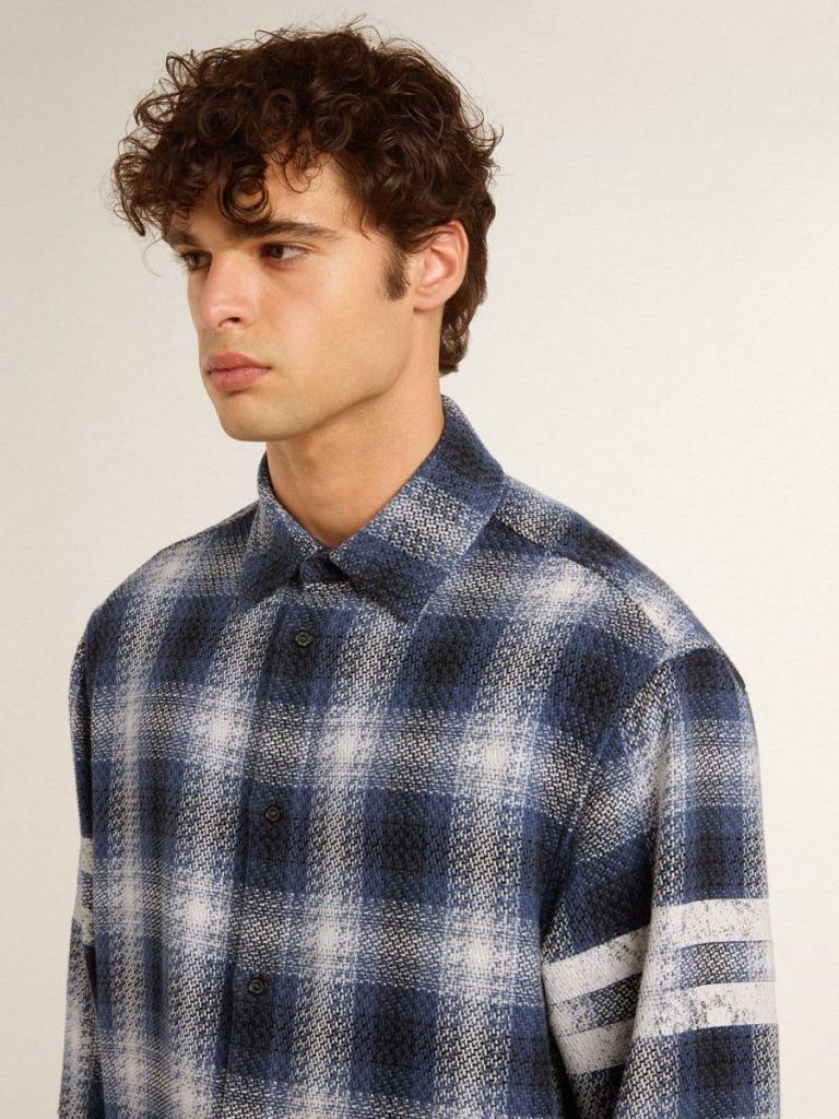 Golden Goose Men's Blue 3D Checkered Shirt With Print On The Back Men Shirts Blue And White