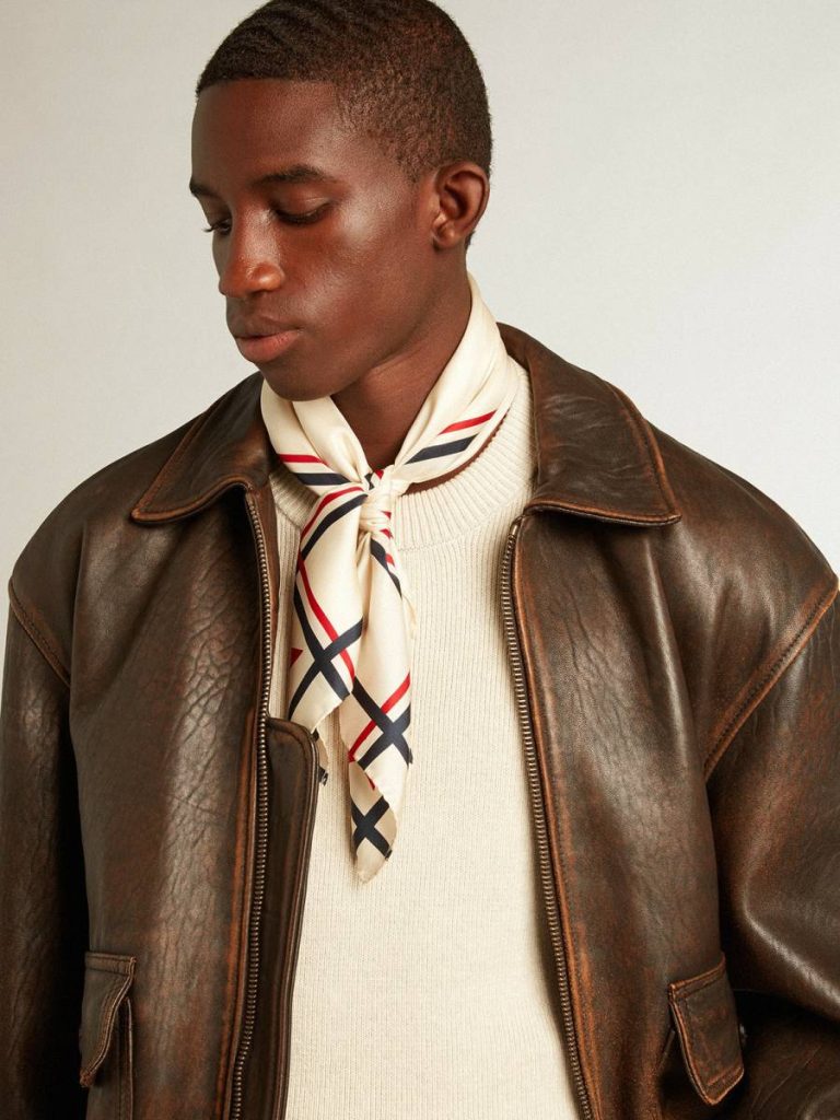 Golden Goose Men’s Round-Neck Sweater In Panama-Colored Cotton With Logo On The Back Knitwear Panama Men