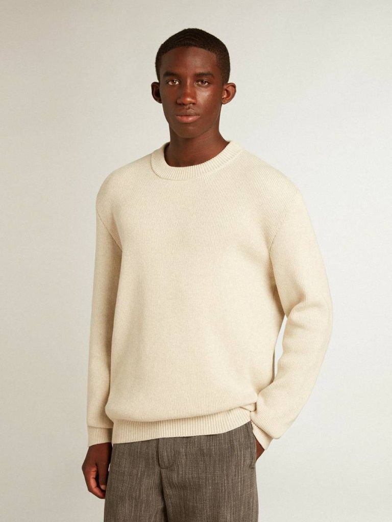 Golden Goose Men’s Round-Neck Sweater In Panama-Colored Cotton With Logo On The Back Knitwear Panama Men