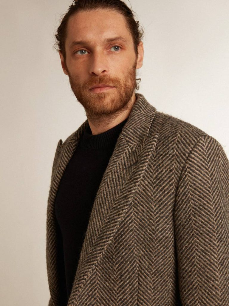 Golden Goose Men's Single-Breasted Wool Coat With Beige And Gray Herringbone Weave Coats & Jackets Beige And Anthracite Gray Men