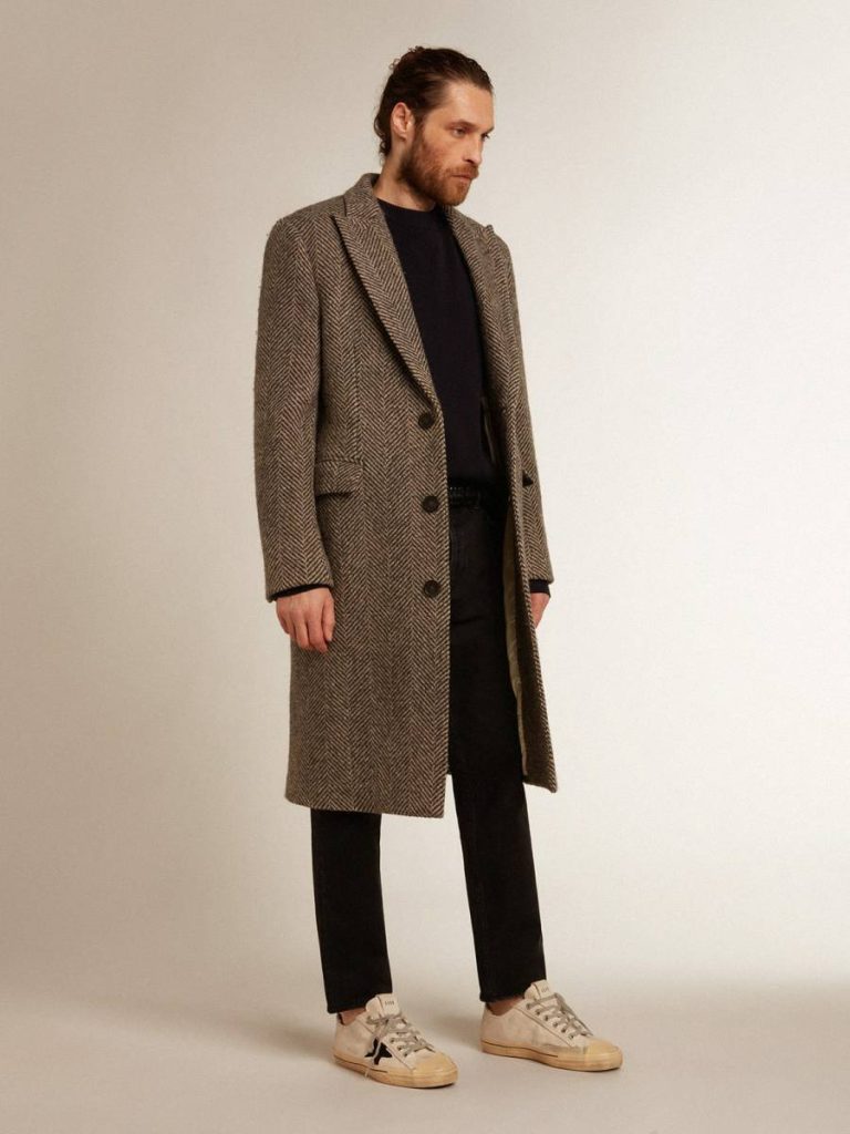 Golden Goose Men's Single-Breasted Wool Coat With Beige And Gray Herringbone Weave Coats & Jackets Beige And Anthracite Gray Men