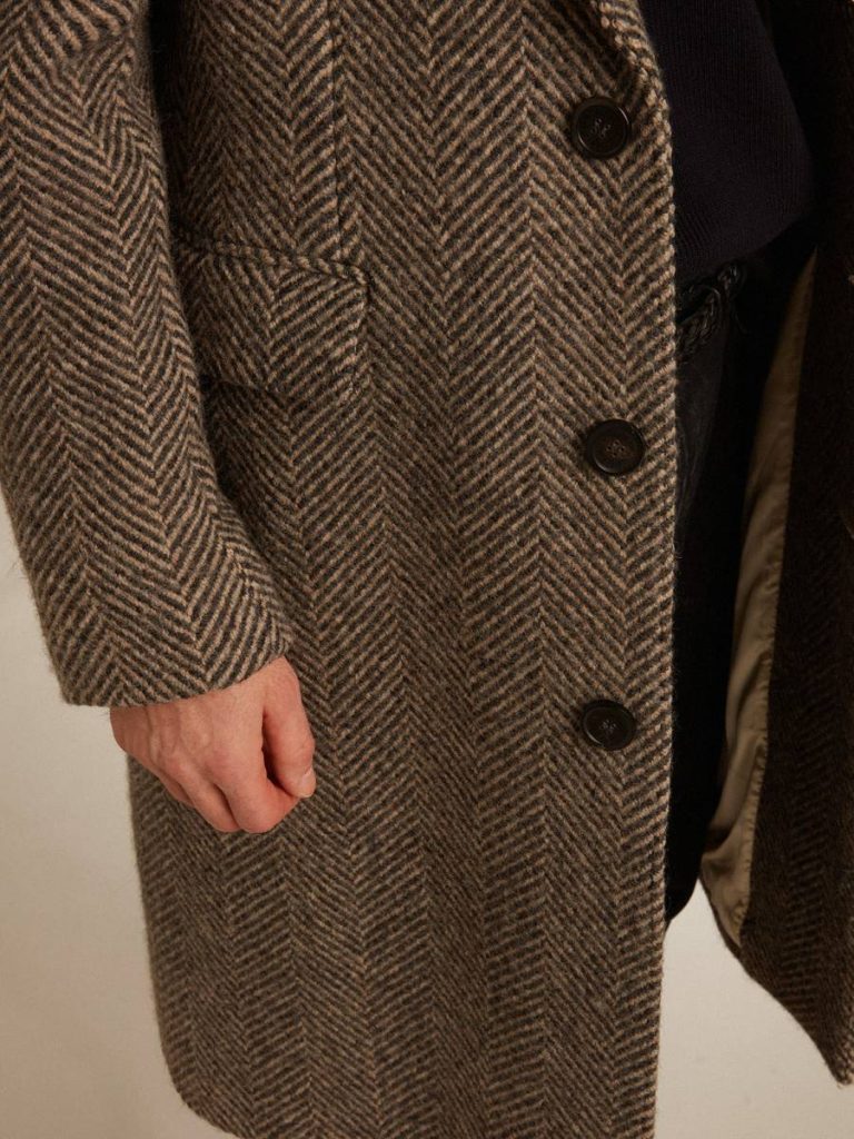 Golden Goose Men's Single-Breasted Wool Coat With Beige And Gray Herringbone Weave Coats & Jackets Beige And Anthracite Gray Men