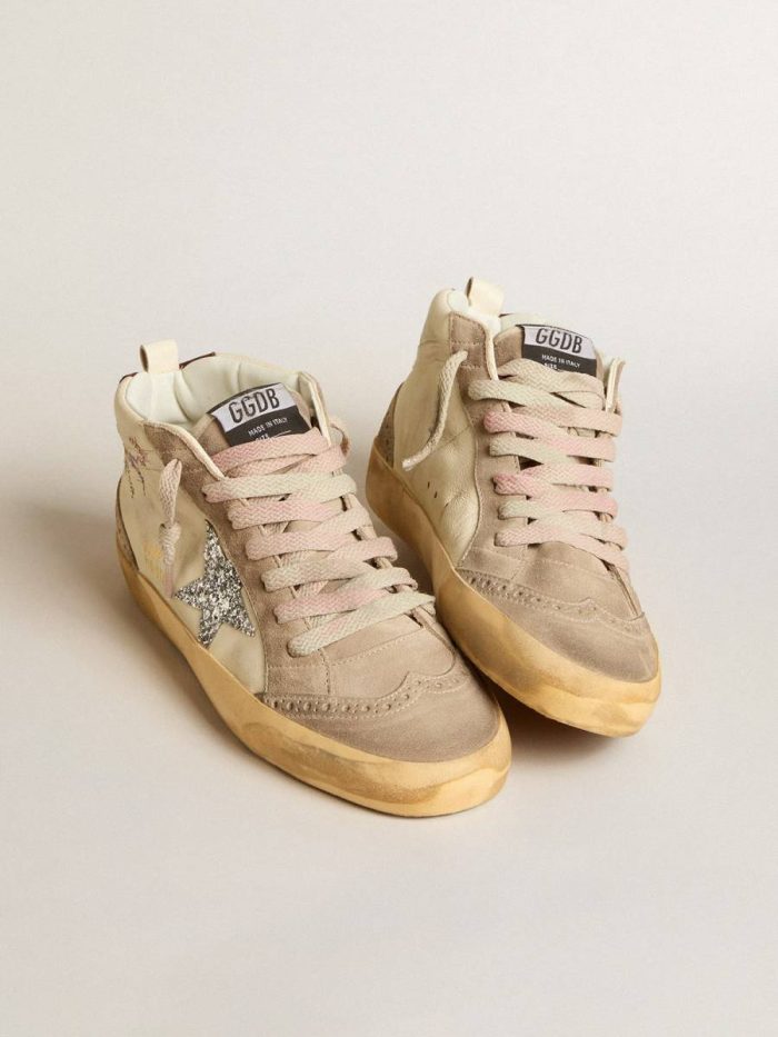 Golden Goose Mid Star Women's Mid Star In Nappa Leather With Floral Embroidery And Silver Glitter Star Women
