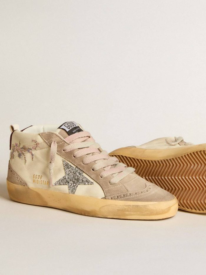 Golden Goose Mid Star Women's Mid Star In Nappa Leather With Floral Embroidery And Silver Glitter Star Women