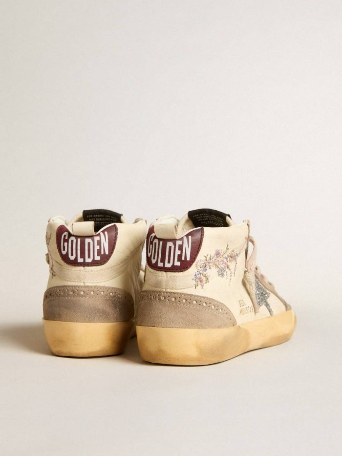 Golden Goose Mid Star Women's Mid Star In Nappa Leather With Floral Embroidery And Silver Glitter Star Women