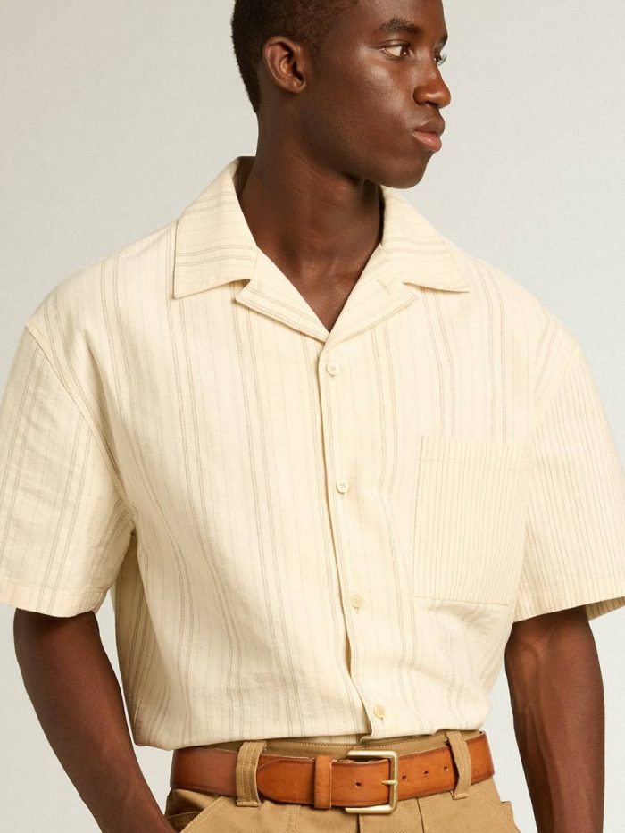 Golden Goose Shirts Ecru Men's Short-Sleeved Shirt In Ecru-Colored Cotton Men
