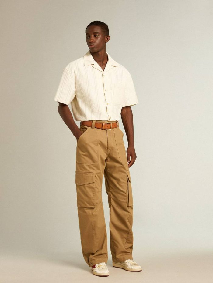 Golden Goose Shirts Ecru Men's Short-Sleeved Shirt In Ecru-Colored Cotton Men
