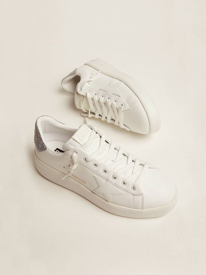 Golden Goose Silver And White Purestar In White Leather With Silver Swarovski Crystal Heel Tab Purestar Women