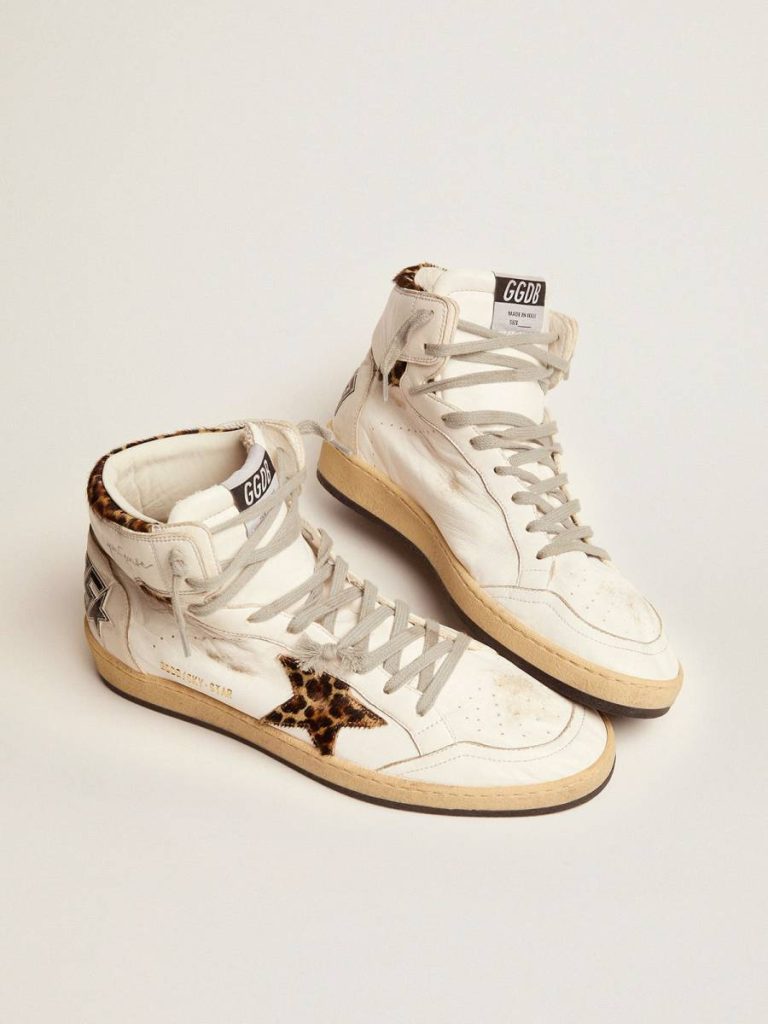 Golden Goose Sky-Star White Women Women's Sky-Star With Signature And Leopard Print Pony Skin Inserts