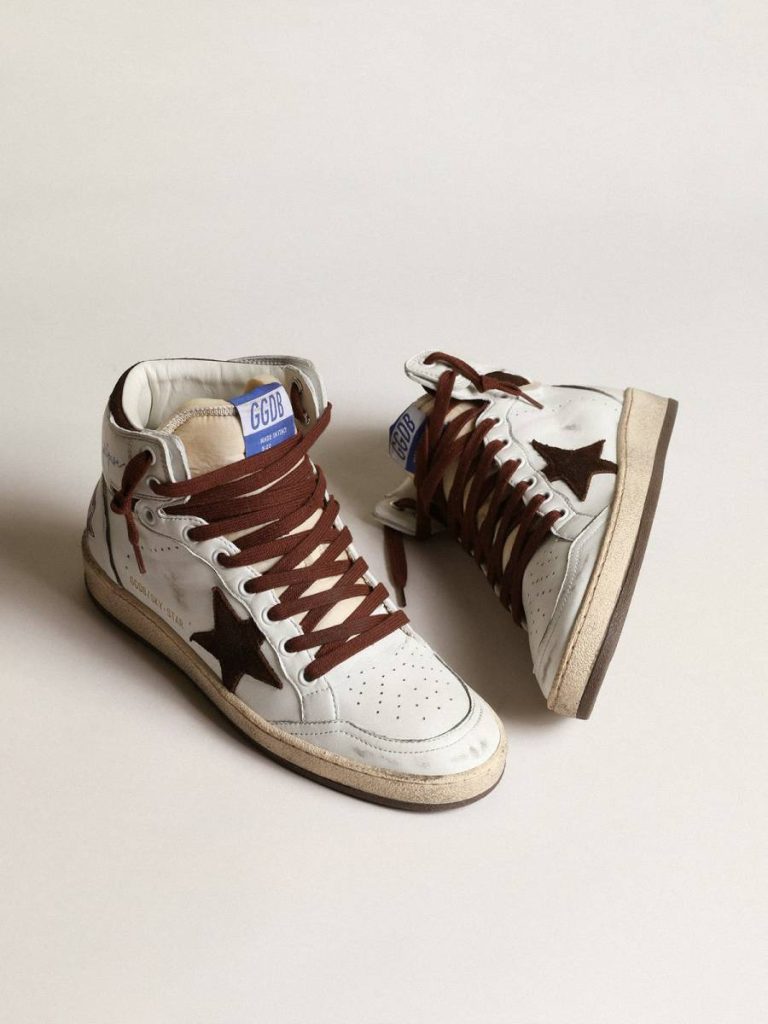 Golden Goose Sky-Star Women Women’s Sky-Star In White Nappa Leather With Chocolate Suede Star