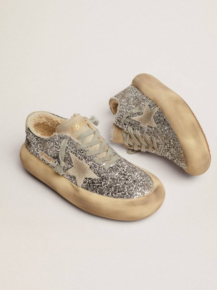 Golden Goose Space-Star Women Women's Space-Star Shoes In Silver Glitter With Shearling Lining