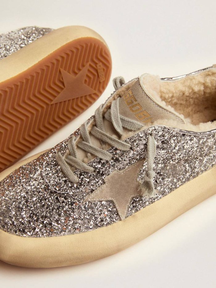 Golden Goose Space-Star Women Women's Space-Star Shoes In Silver Glitter With Shearling Lining