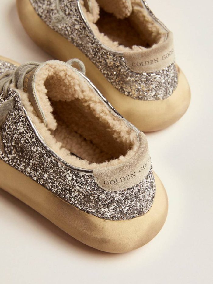 Golden Goose Space-Star Women Women's Space-Star Shoes In Silver Glitter With Shearling Lining