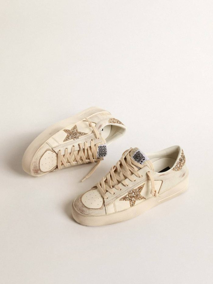 Golden Goose Stardan Women Women’s Stardan In Ecru Nappa Leather With Gold Glitter Star And Heel Tab
