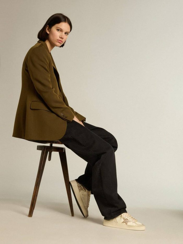 Golden Goose Stardan Women Women’s Stardan In Ecru Nappa Leather With Gold Glitter Star And Heel Tab