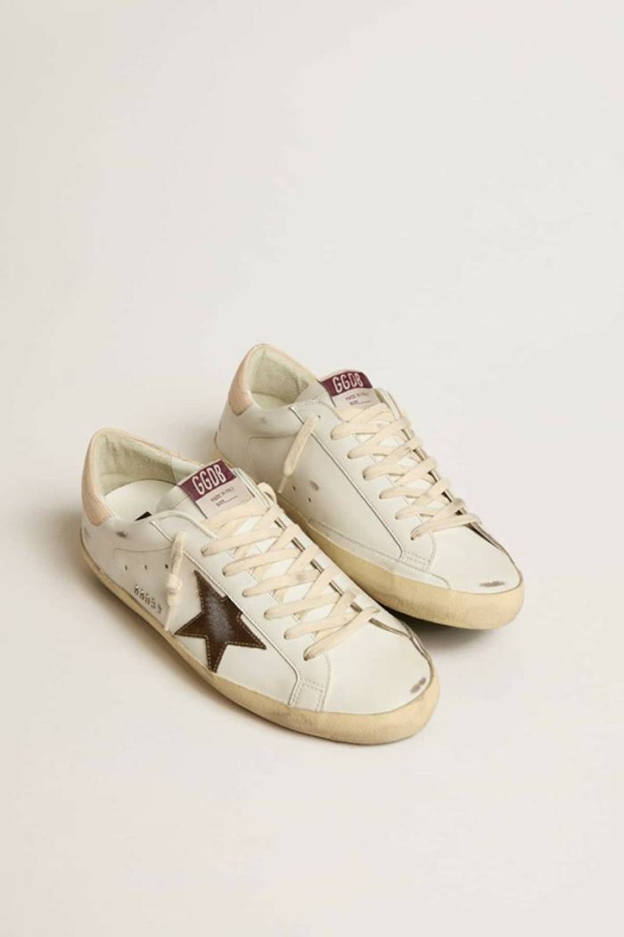 Golden Goose Super-Star Optical White Men Men’s Super-Star Sneakers With Brown Suede Star And Pink Heel Tab