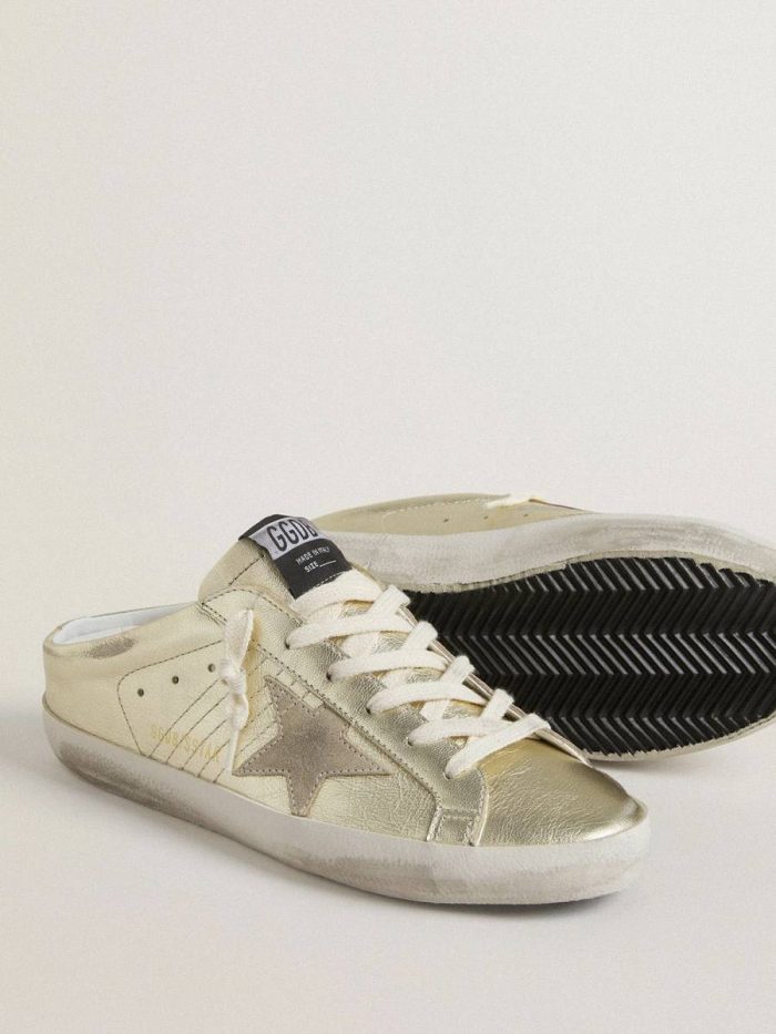 Golden Goose Super-Star Sabot Women Super-Star Sabots In Platinum Foiled Leather With Beige Suede Star