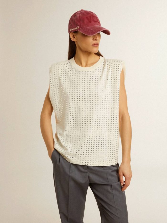 Golden Goose T-Shirts & Tops Aged White Women Aged White Sleeveless T-Shirt Embellished With Crystals