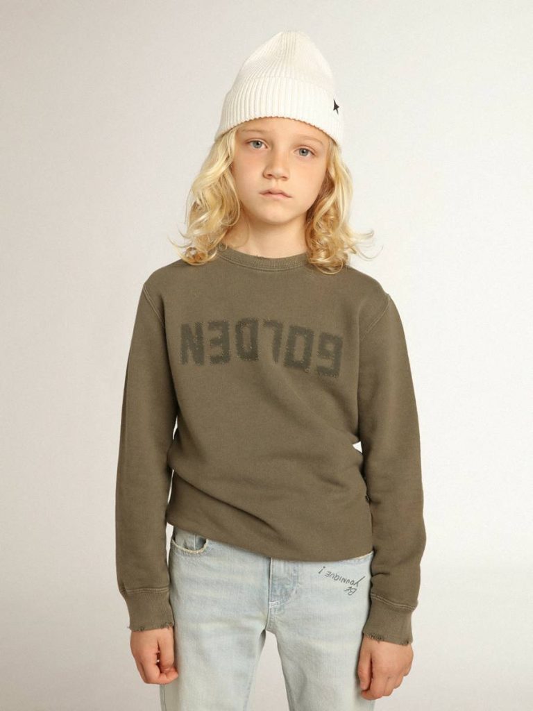 Golden Goose Topwear Selection (4-12 Years) Distressed Olive-Green Sweatshirt With Golden Lettering On The Front Olive Green Kids