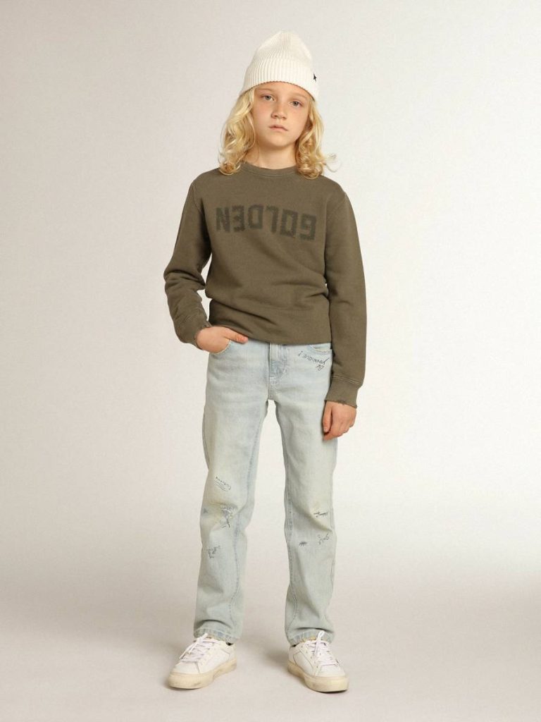 Golden Goose Topwear Selection (4-12 Years) Distressed Olive-Green Sweatshirt With Golden Lettering On The Front Olive Green Kids