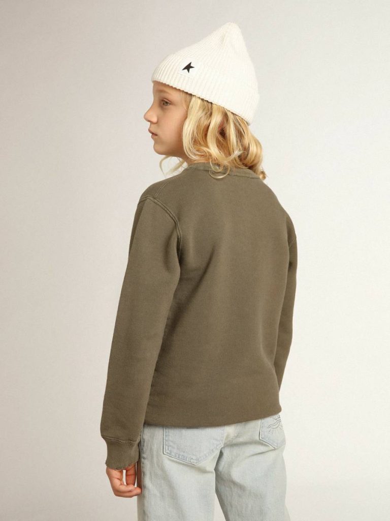 Golden Goose Topwear Selection (4-12 Years) Distressed Olive-Green Sweatshirt With Golden Lettering On The Front Olive Green Kids