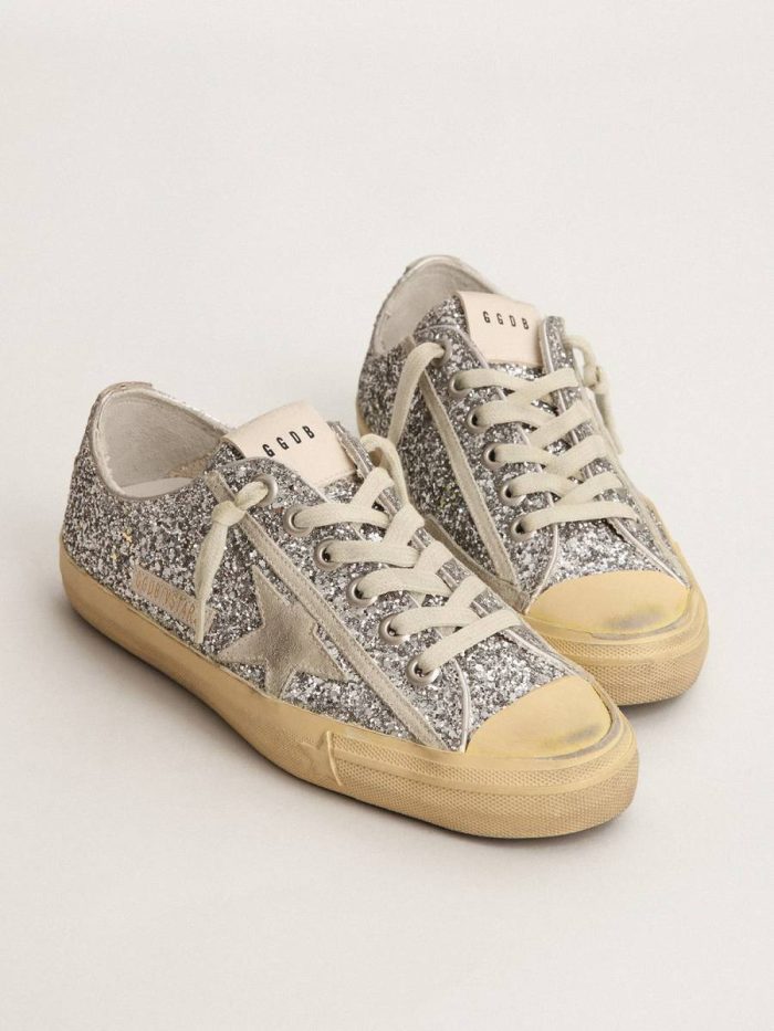 Golden Goose V-Star Women Women's V-Star Ltd In Silver Glitter With Ice-Gray Suede Star