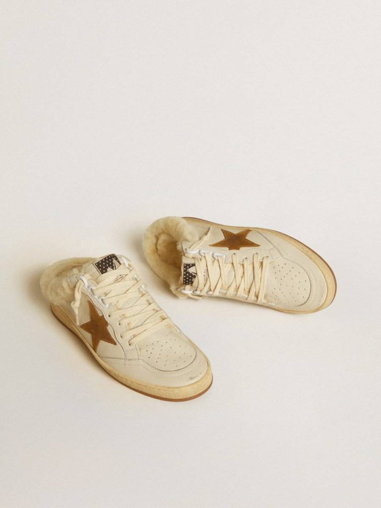 Golden Goose White Ball Star Sabots In Leather With Suede Star And Beige Shearling Lining Women Ball Star
