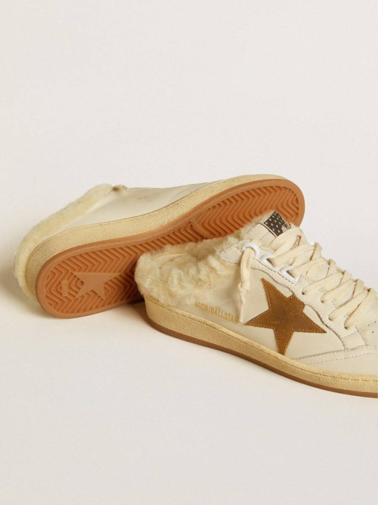 Golden Goose White Ball Star Sabots In Leather With Suede Star And Beige Shearling Lining Women Ball Star