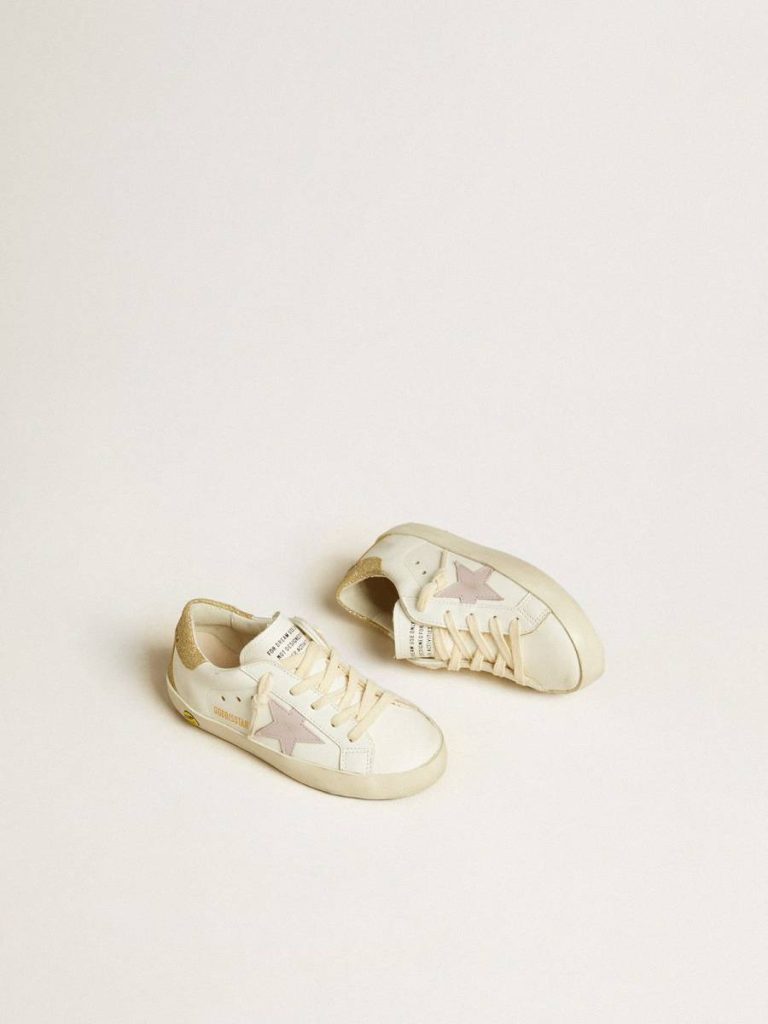 Golden Goose White Kids Little Girls (1-3 Years) Super-Star Junior With Lilac Leather Star And Glitter Heel Tab