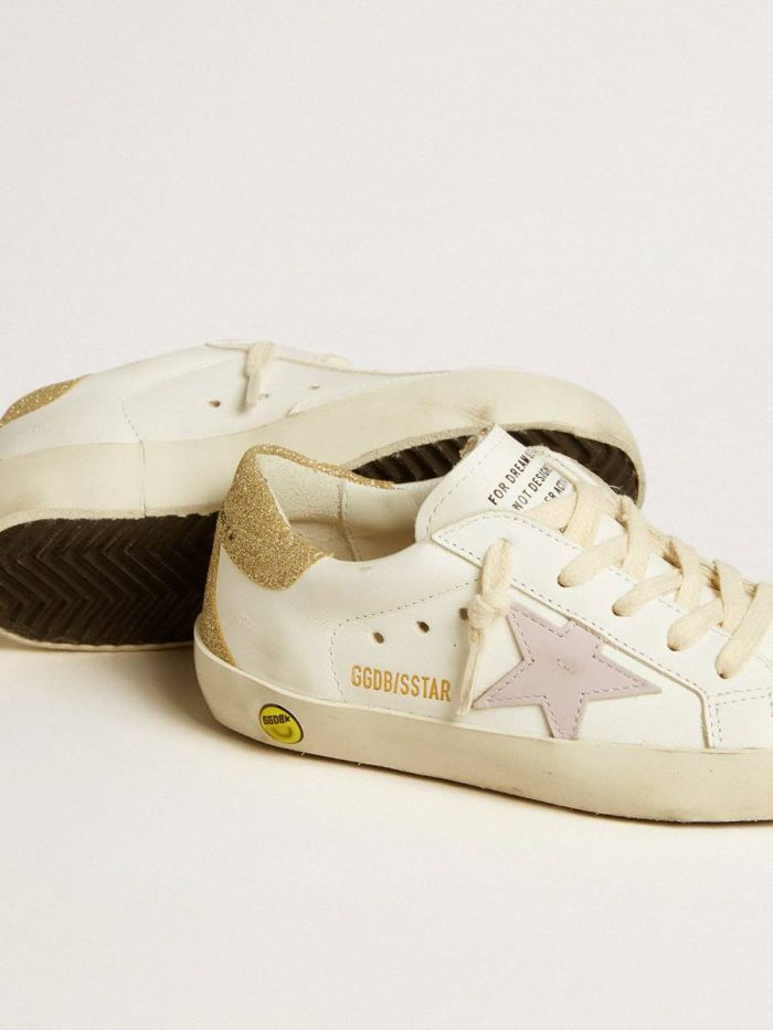 Golden Goose White Kids Little Girls (1-3 Years) Super-Star Junior With Lilac Leather Star And Glitter Heel Tab