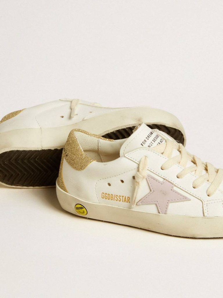Golden Goose White Kids Little Girls (1-3 Years) Super-Star Junior With Lilac Leather Star And Glitter Heel Tab