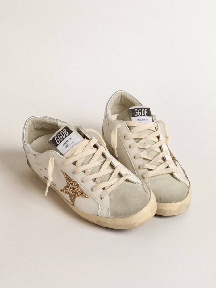 Golden Goose White Women Super-Star Women's Super-Star With Gold Glitter Star And Ice-Gray Suede Inserts