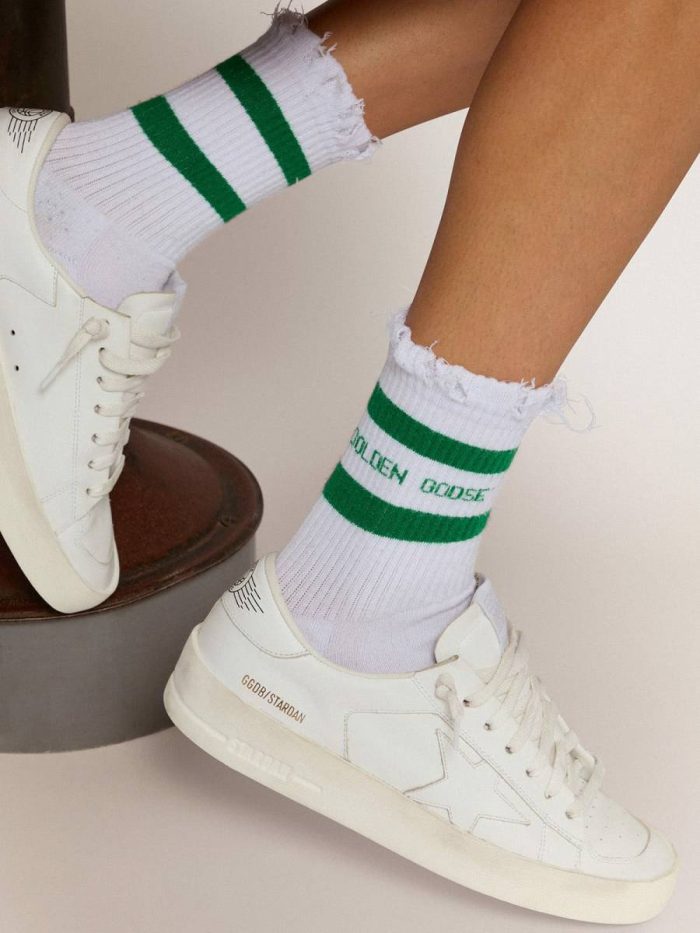 Golden Goose Women Cotton Socks With Distressed Finishes, Green Stripes And Logo Socks