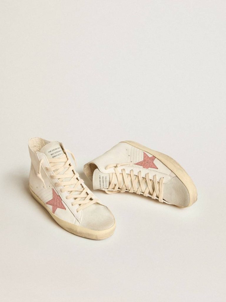 Golden Goose Women Francy Francy In Cream Nappa With Pink Crocodile-Print Leather Star