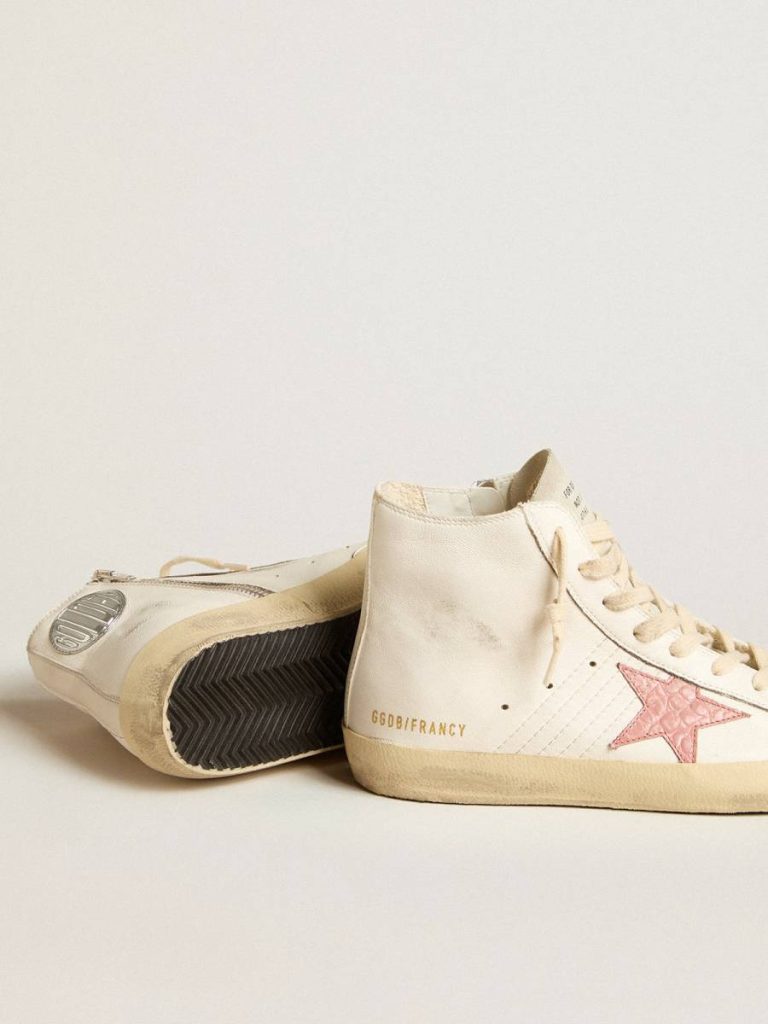 Golden Goose Women Francy Francy In Cream Nappa With Pink Crocodile-Print Leather Star