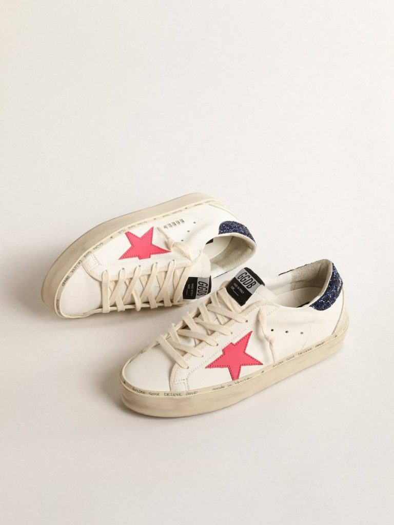 Golden Goose Women Hi Star White Hi Star With Fuchsia Leather Star And Blue Glitter Heel Tab