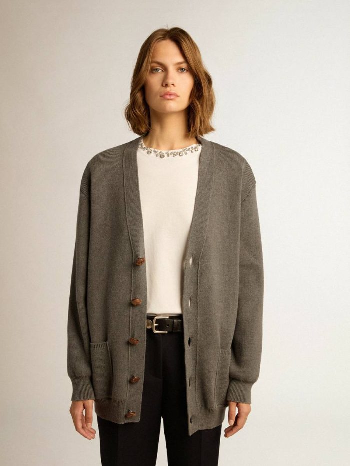 Golden Goose Women Knitwear Women's Mélange Gray Cotton Cardigan With Logo On The Back Dark Gray Melange