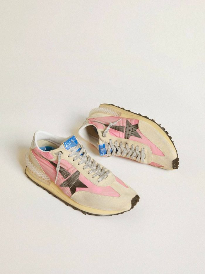 Golden Goose Women Marathon Women's Marathon In Pink Nylon And Beige Suede With Black Printed Star