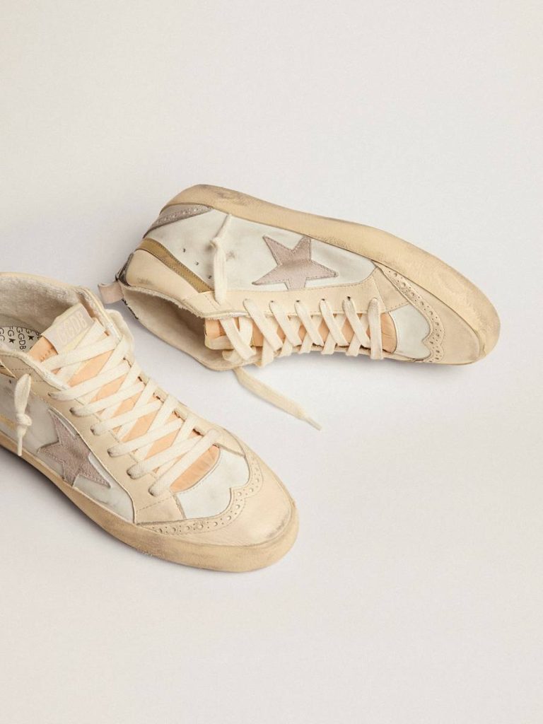 Golden Goose Women Mid Star White And Ivory Women's Mid Star With Star In Light Gray Suede And Gold Flash