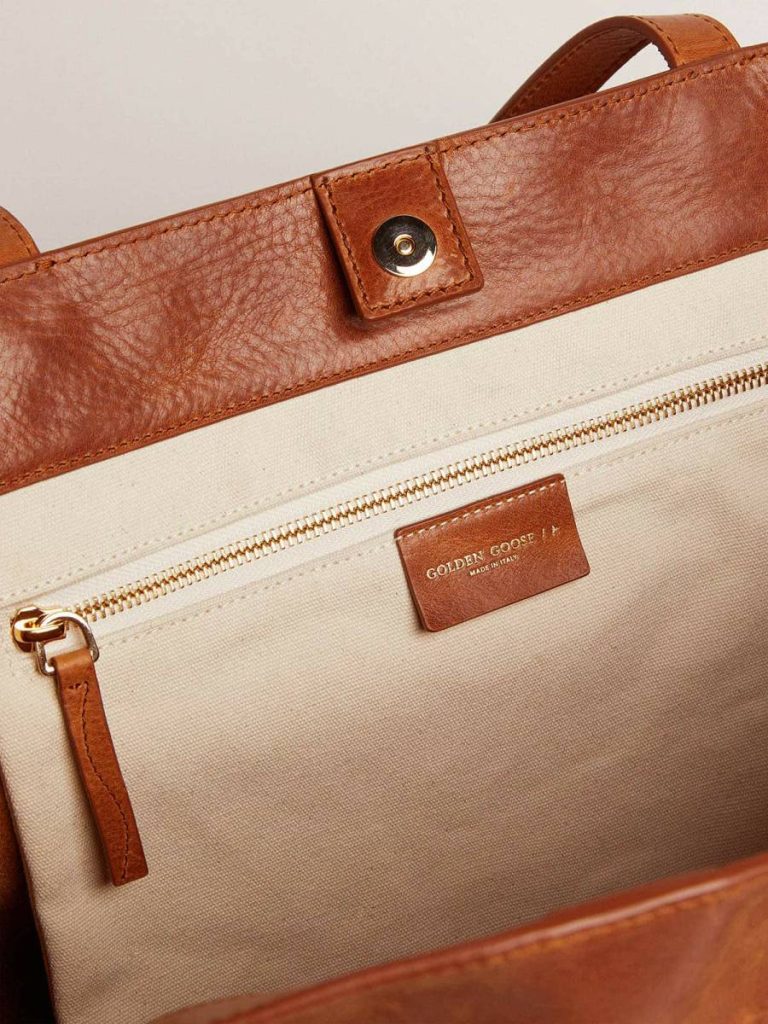 Golden Goose Women Pasadena Bag In Tan-Colored Glossy Hammered Leather With Gold Logo On The Front Tan Shoulder Bags