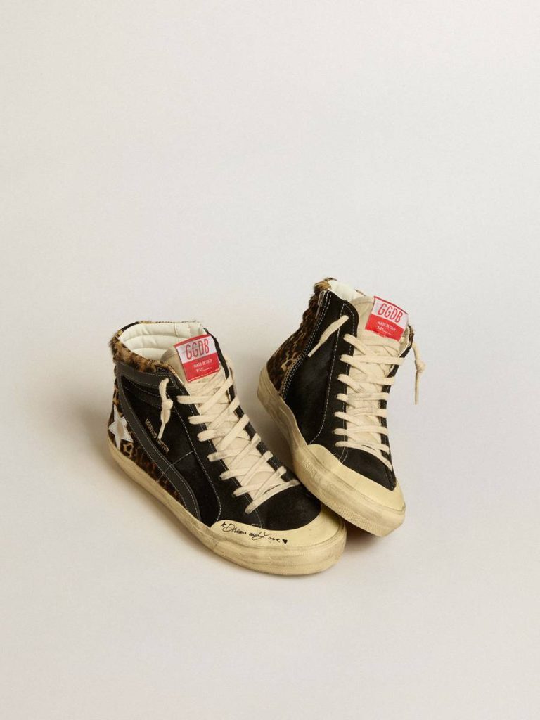 Golden Goose Women Slide Slide Penstar Ltd In Leopard-Print Pony Skin With Silver Star And Black Flash