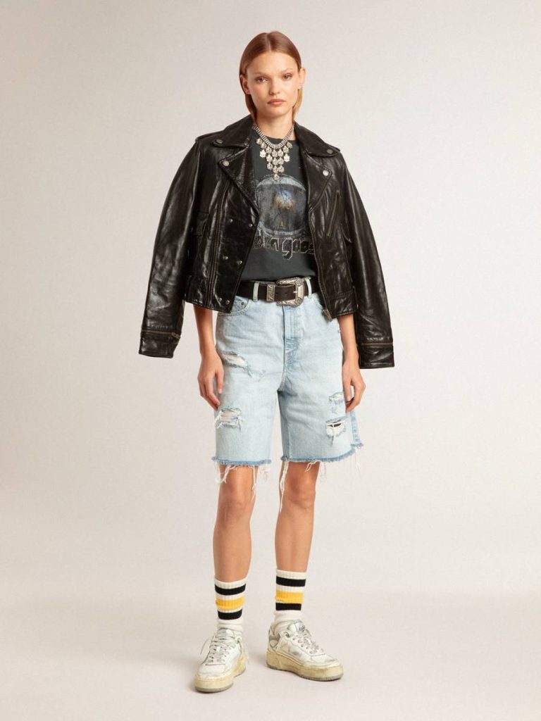 Golden Goose Women Socks Worn-White Socks With Distressed Details And Black And Yellow Stripes Worn White