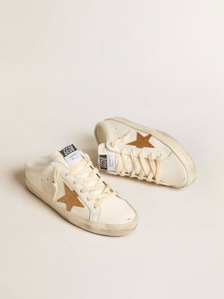 Golden Goose Women Super-Star Sabot White Super-Star Sabots In Leather With Plasticized Gold Glitter Star