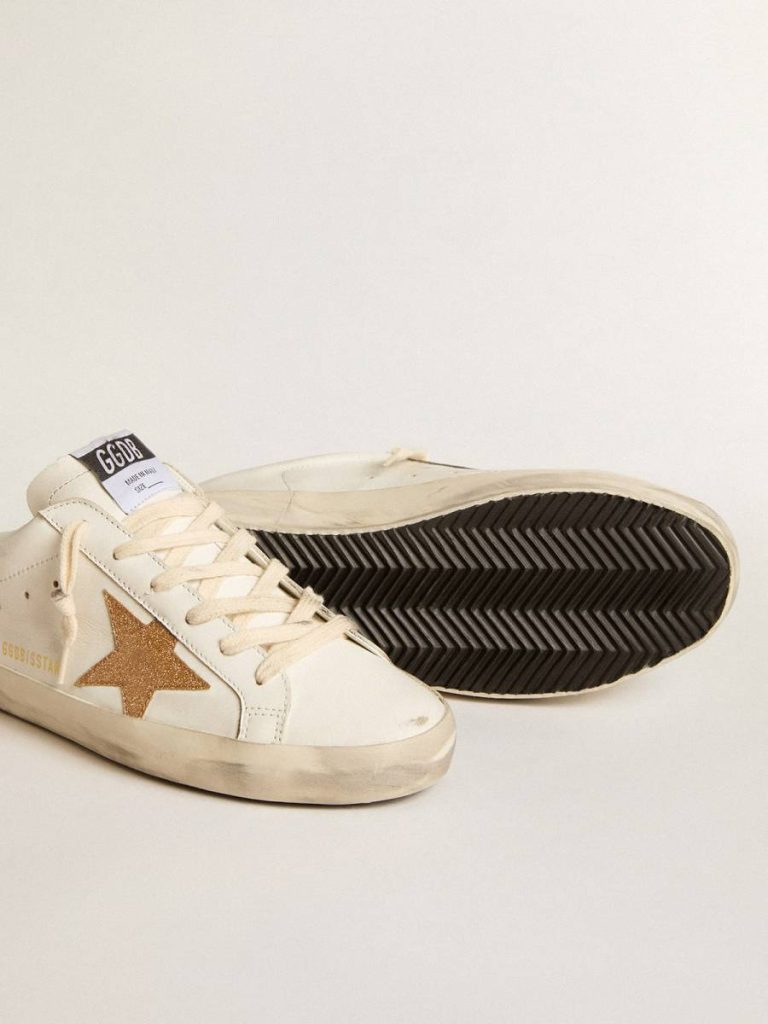 Golden Goose Women Super-Star Sabot White Super-Star Sabots In Leather With Plasticized Gold Glitter Star