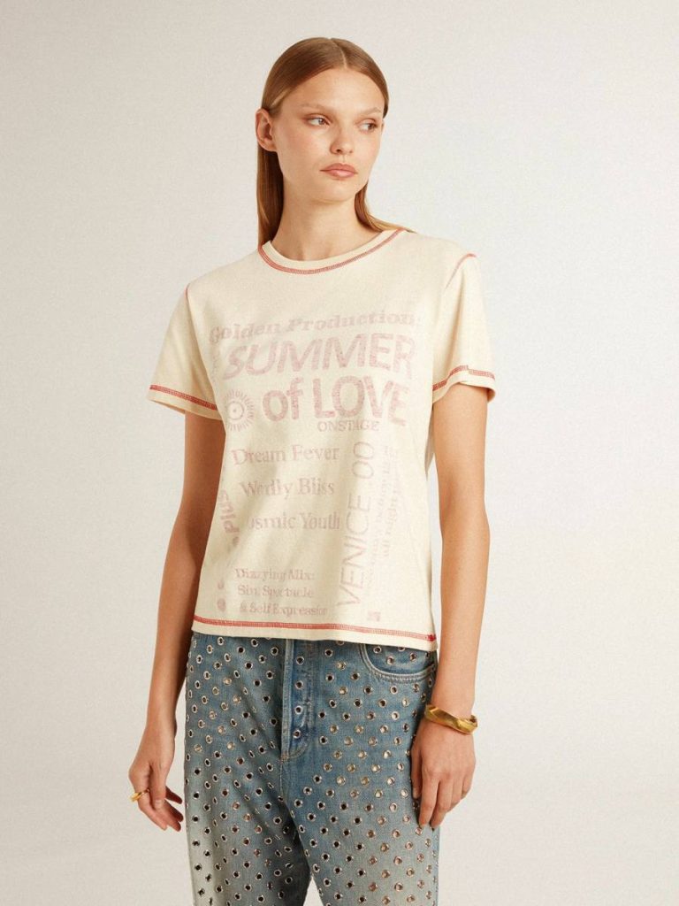 Golden Goose Women Women's Cream T-Shirt With Faded Red Accents T-Shirts & Tops Cream