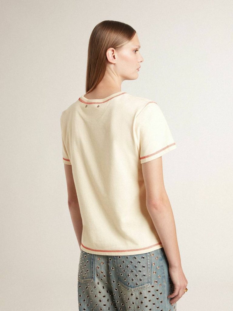 Golden Goose Women Women's Cream T-Shirt With Faded Red Accents T-Shirts & Tops Cream