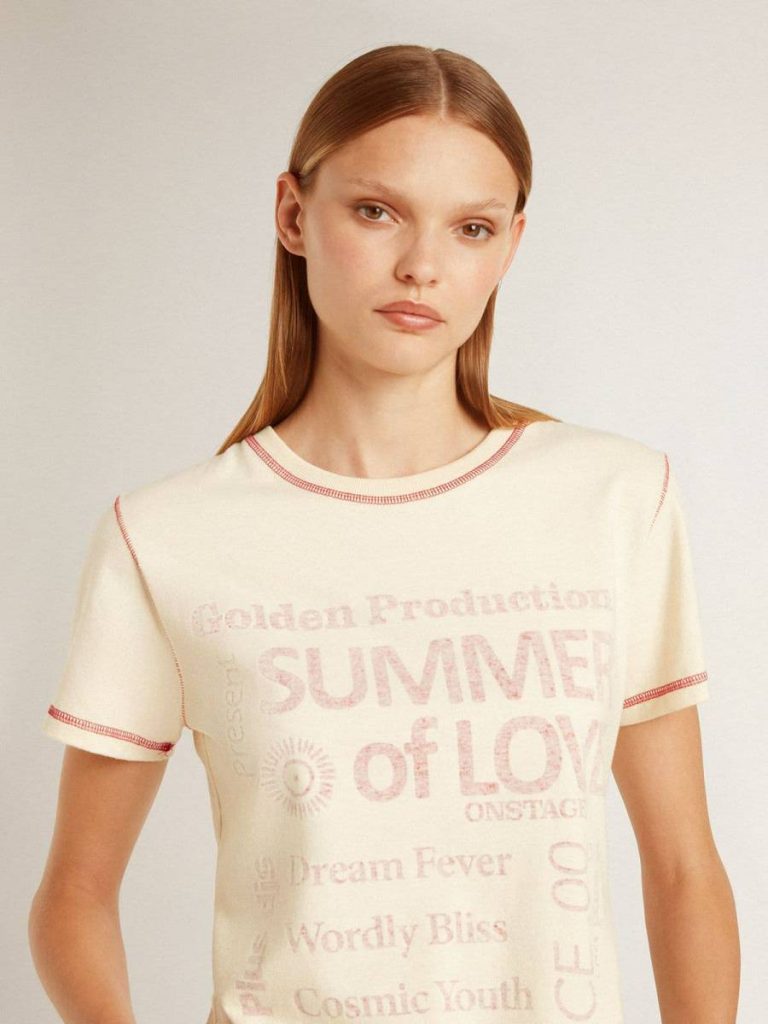 Golden Goose Women Women's Cream T-Shirt With Faded Red Accents T-Shirts & Tops Cream