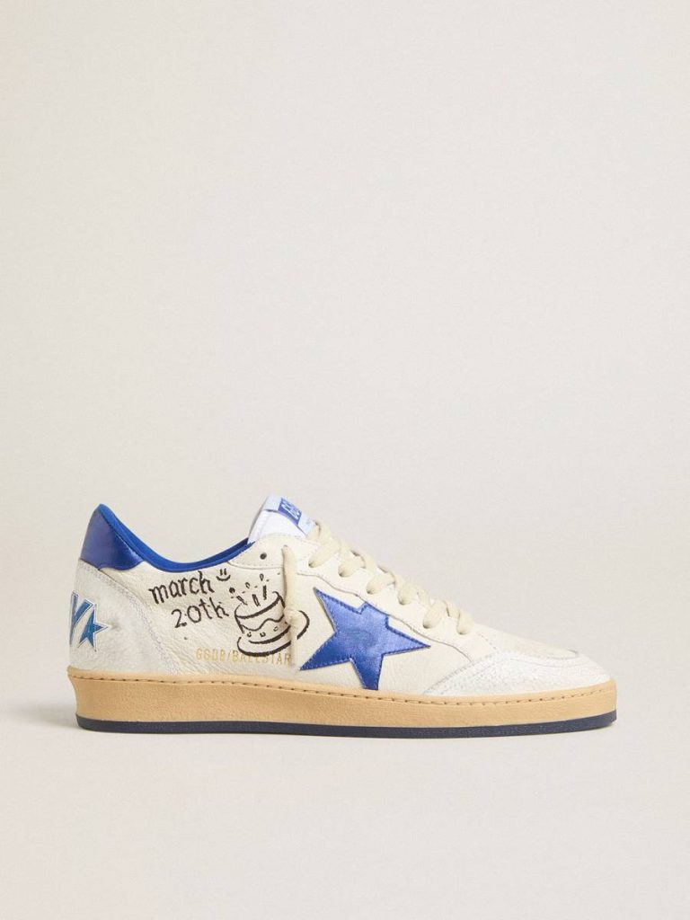 Golden Goose Women’s Ball Star Wishes In White Nappa Leather With Bright Blue Star And Heel Tab Women Ball Star