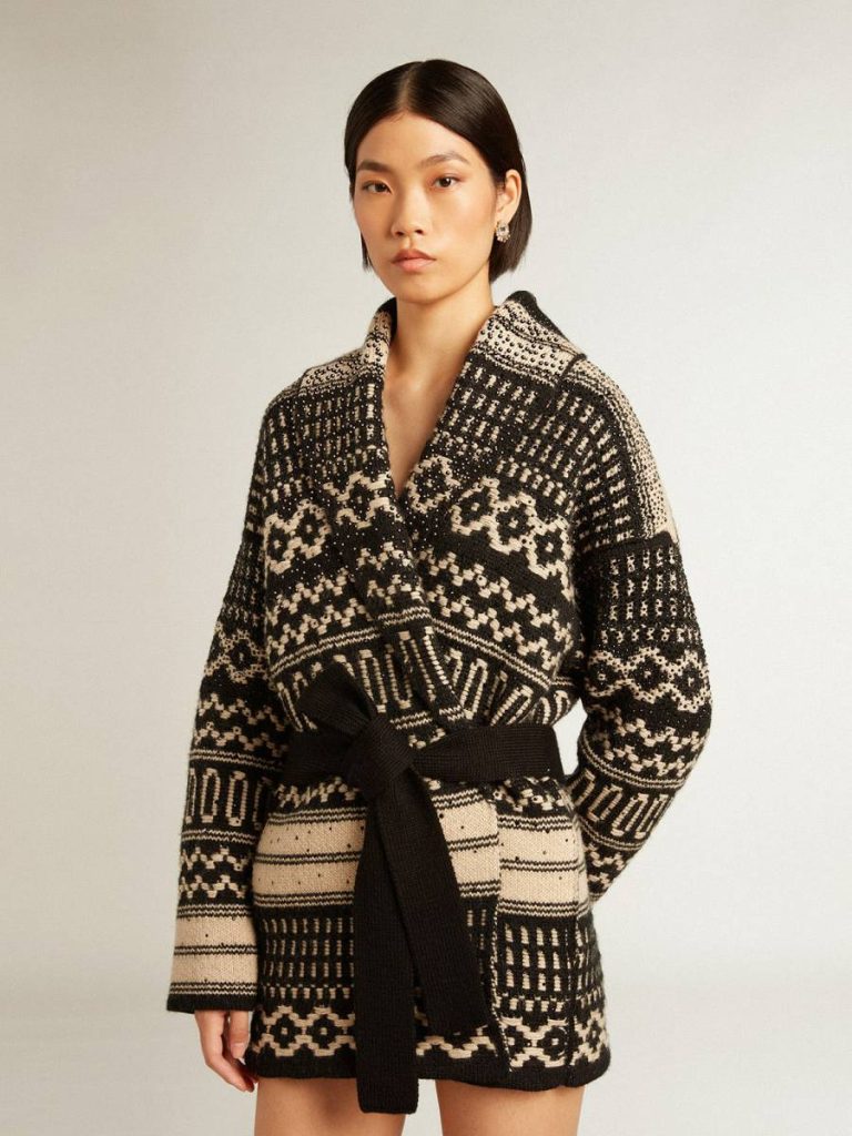 Golden Goose Women’s Cardigan In Ecru Wool With Jacquard Design And Belt Ecru And Black Knitwear Women