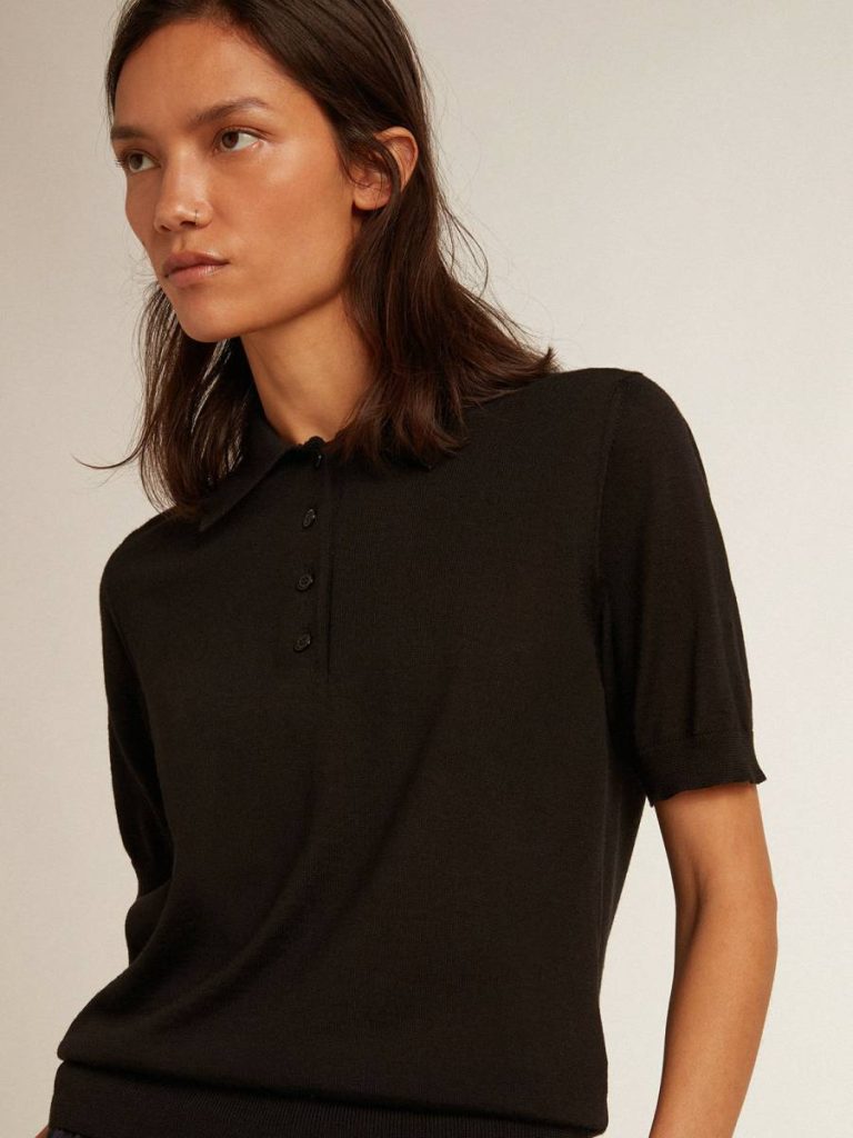 Golden Goose Women’s Polo Shirt In Black Merino Wool Women Black T-Shirts & Tops